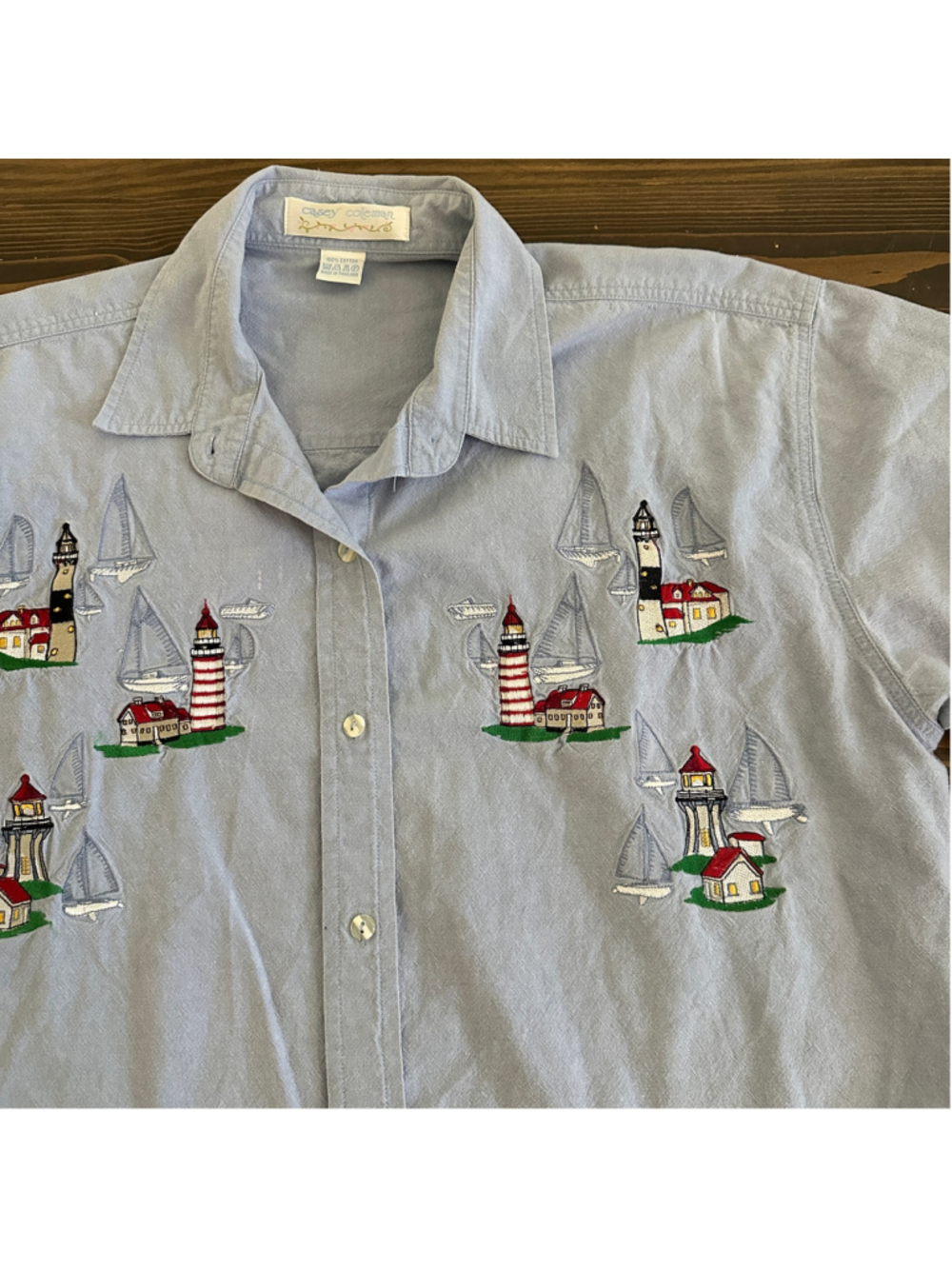 Casey Coleman Women's L Blue Lighthouse Sailboat Embroidered Button Down Shirt